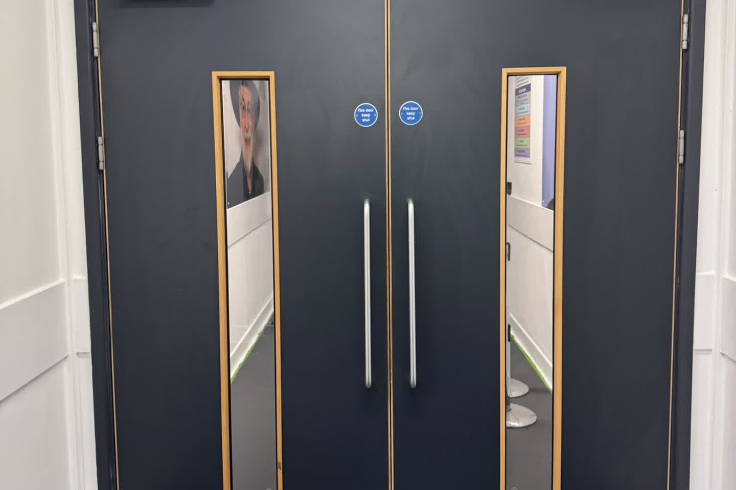 Pair of dark fire doors with tall oak-framed vision panels and pull handles
